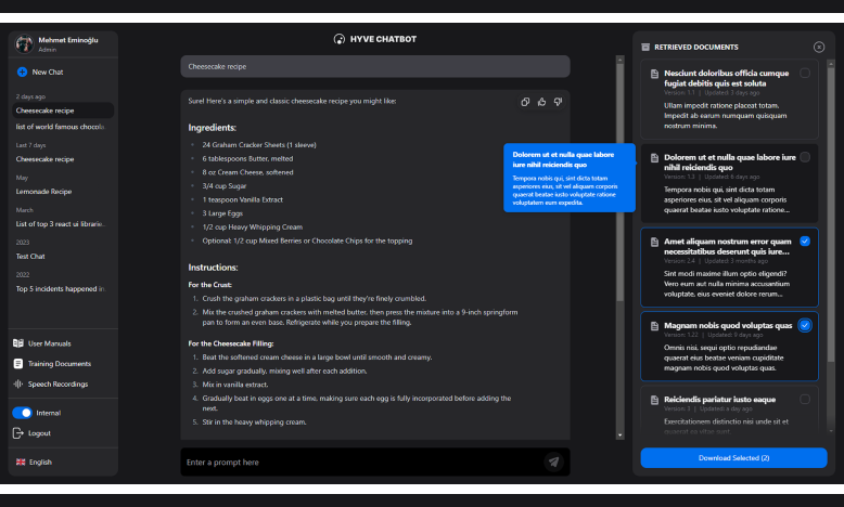 HYVE Chatbot conversation and source workspace